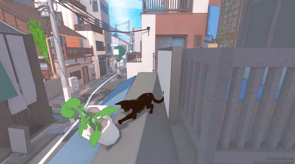 Little Kitty, Big City game. A black cat knocks over a potted plant in game.