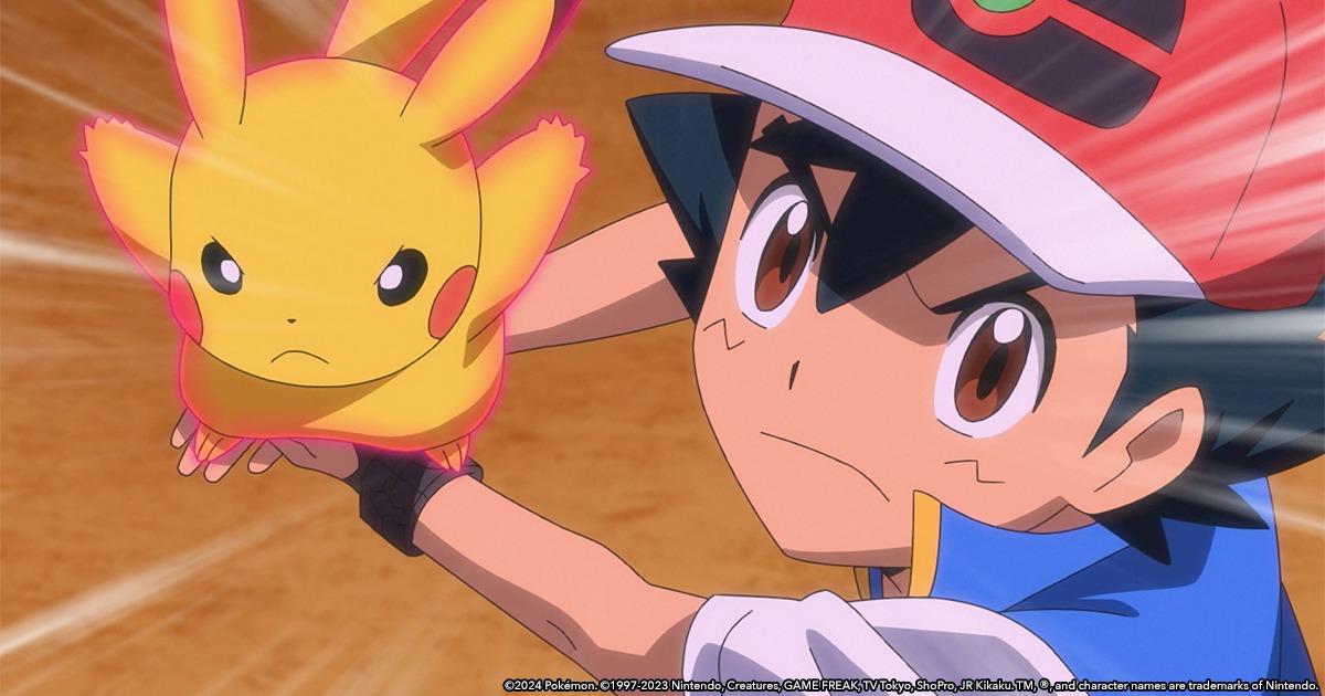 Pokémon: Ultimate Journeys screenshot showing Ash ready to launch Pikachu at their opponents.