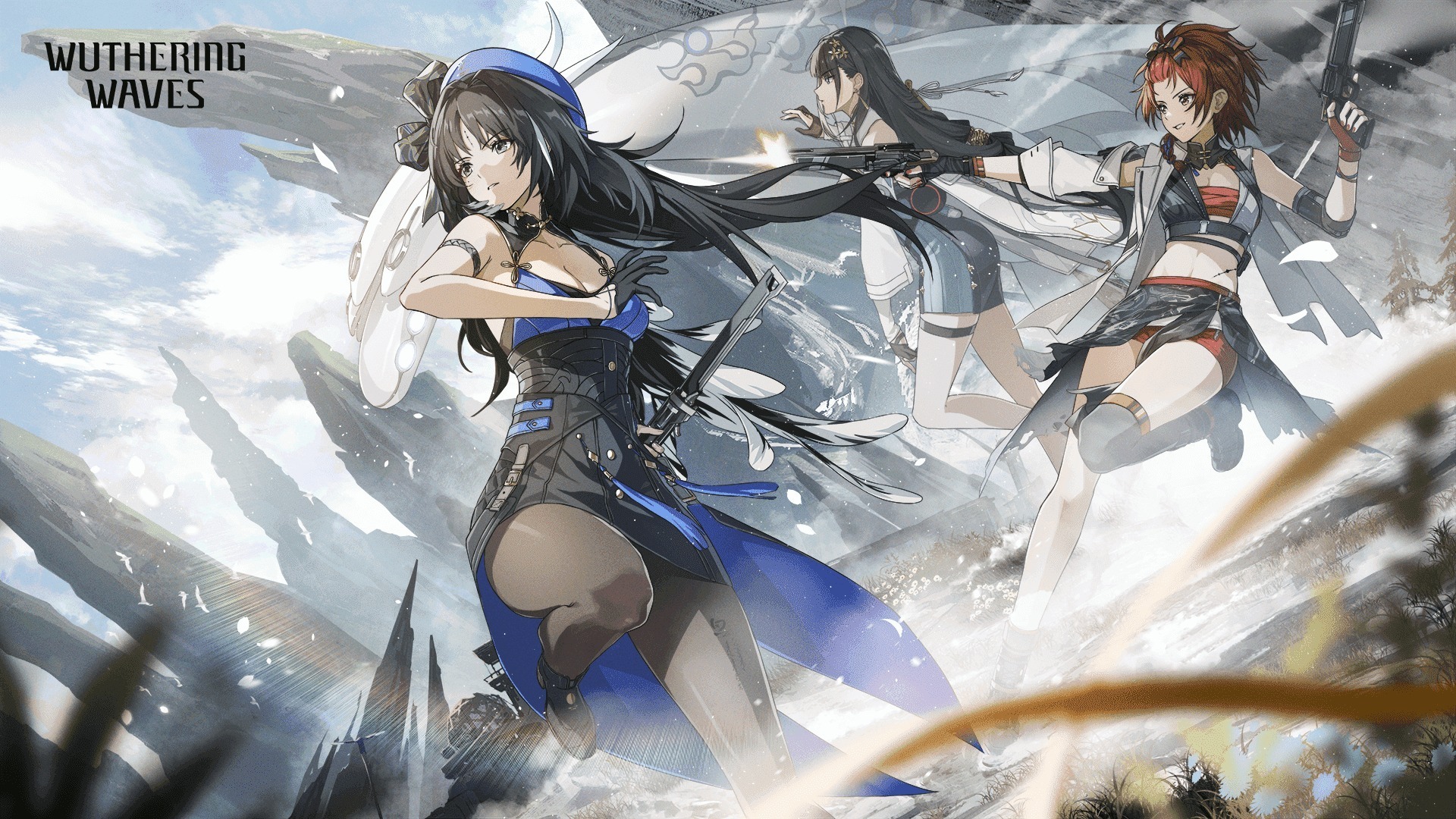 Wuthering Waves key art featuring a dynamic image of three characters as they leap into battle.